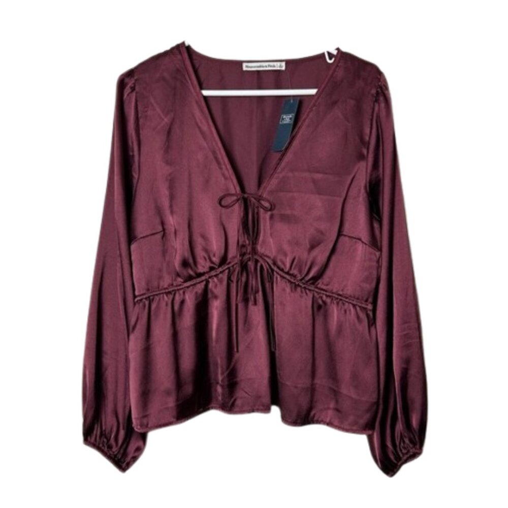Abercrombie & fitch burgundy red satin tie front blouse womens L NWT